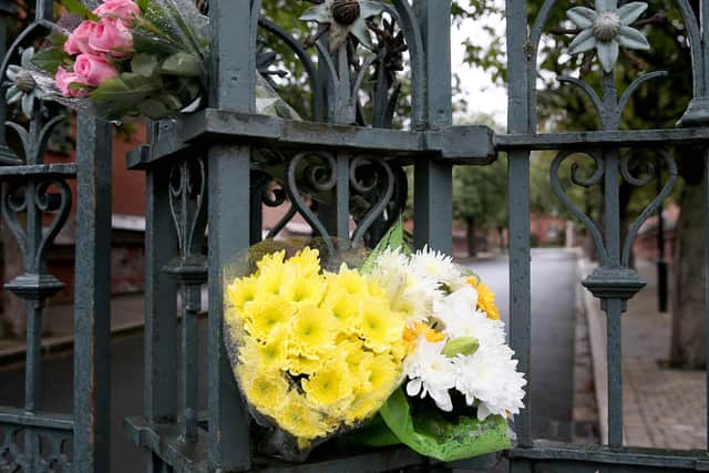 Floral tributes left for Noah Donohoe on the gates of his school, St Malachy’s College
