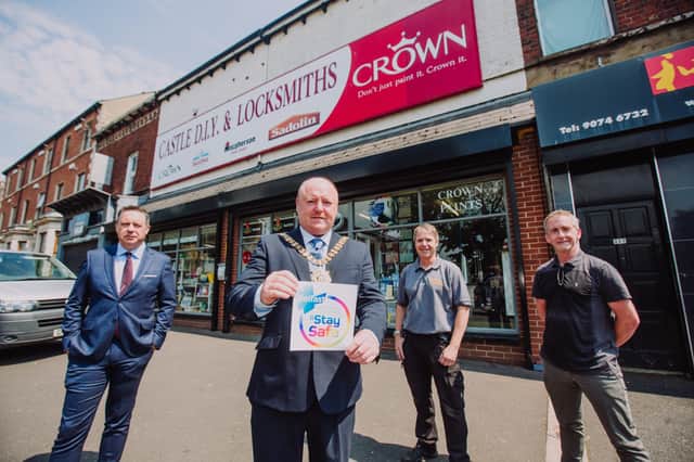 Lord Mayor of Belfast, Alderman Frank McCoubrey is pictured alongside (left to right) Glynn Roberts, Chief Executive of Retail NI, Paul Carlin, Antrim Road Traders Group Chair and Anthony McCambridge from Castle Locksmiths in North Belfast