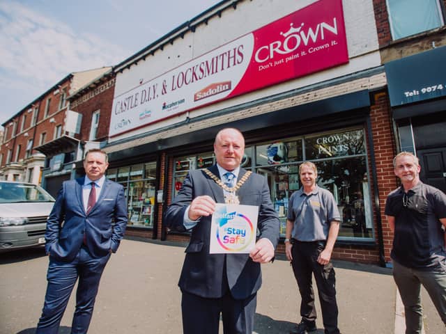 Lord Mayor of Belfast, Alderman Frank McCoubrey is pictured alongside (left to right) Glynn Roberts, Chief Executive of Retail NI, Paul Carlin, Antrim Road Traders Group Chair and Anthony McCambridge from Castle Locksmiths in North Belfast