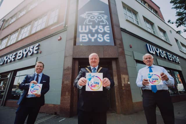 Lord Mayor of Belfast, Alderman Frank McCoubrey is pictured alongside (left to right) Glyn Roberts, Chief Executive of Retail NI and Richard McLaughlin, Managing Director of Wyse Byse on the Newtownards Road in East Belfast