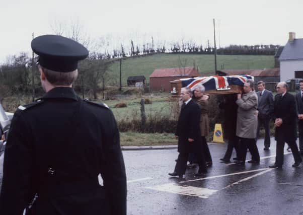 FUNERAL OF CONSTABLE WILLIAM CLEMENTS, KILLED AT BALLYGAWLEY RUC STATION DURING IRA MORTAR ATTACK