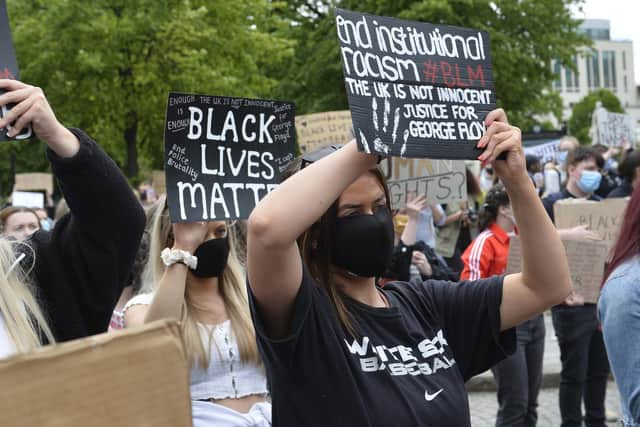 Anti-racism protestors at Belfast City Hall on June 3