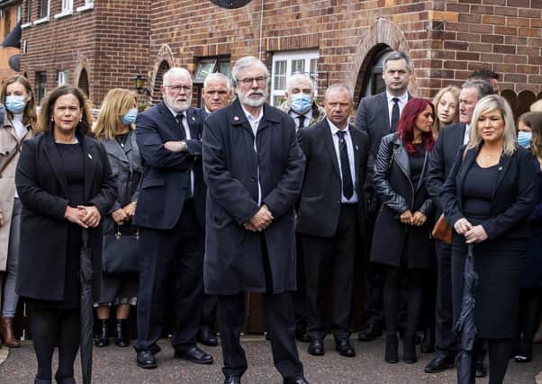 Sinn Fein leader Mary Lou McDonald, former Sinn Fein leader Gerry Adams, and Deputy First Minister Michelle O'Neill attending the funeral of senior Irish Republican and former leading IRA figure Bobby Storey in west Belfast. Pic: Liam McBurney/PA Wire