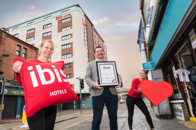 Ibis winning team members, Christiane Helwig is pictured with Ibis Belfast General Manager Frankie McDonald and colleague, Milena Modlibowska
