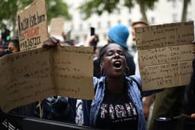 Demonstrators outside Downing Street in London on June 9, as the funeral of George Floyd takes place in the US. Photo: Victoria Jones/PA Wire