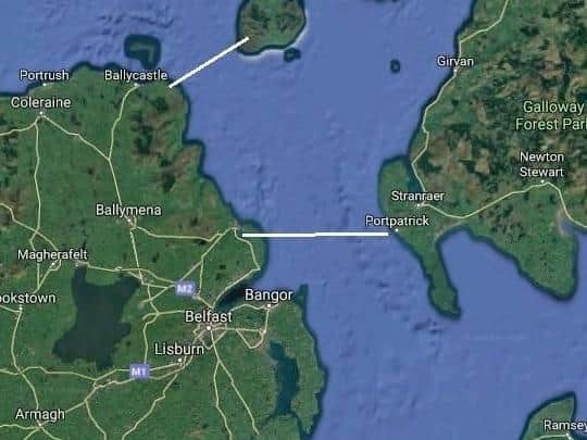 Two possible locations for the bridge between Northern Ireland and Scotland.