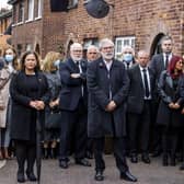 (left to right) Sinn Fein leader Mary Lou McDonald, former Sinn Fein leader Gerry Adams, and Deputy First Minister Michelle O'Neill alongside other senior party members including Conor Murphy at the funeral of the IRA leader Bobby Storey in west Belfast. Photo: Liam McBurney/PA Wire