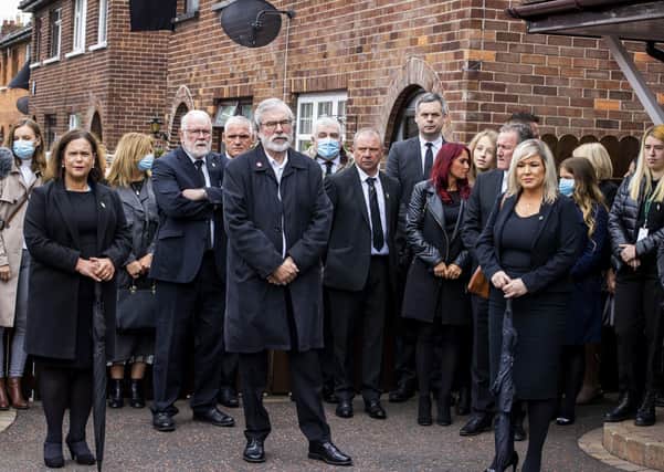 (left to right) Sinn Fein leader Mary Lou McDonald, former Sinn Fein leader Gerry Adams, and Deputy First Minister Michelle O'Neill alongside other senior party members including Conor Murphy at the funeral of the IRA leader Bobby Storey in west Belfast. Photo: Liam McBurney/PA Wire