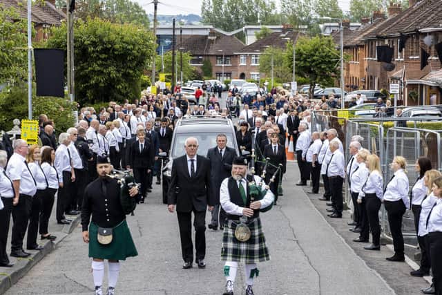 The funeral procession of the IRA leader Bobby Store arrives at St Agnes' Church in west Belfast. Photo: Liam McBurney/PA Wire