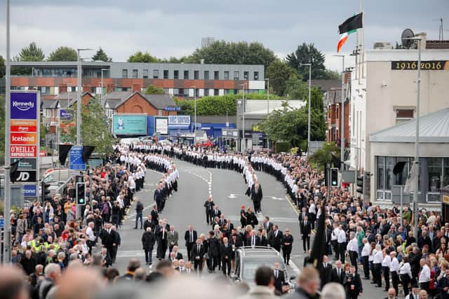 The route of Bobby Storey's funeral was lined by a reported 1,800 republicans organised by Sinn Féin