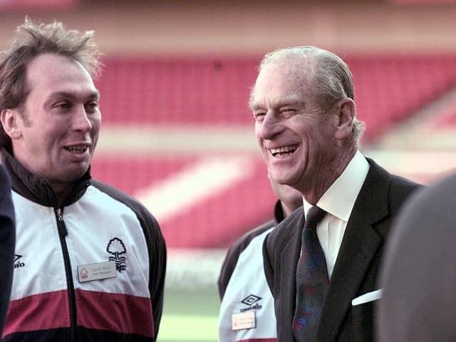 The Duke of Edinburgh shares a joke with Nottingham Forest manager David Platt during a visit to the club's City ground