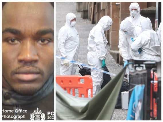 Badreddin Abadlla Adam (28) was shot dead by specialist armed police (left) and crime scene investigators at the scene of the attack in Glasgow city centre. (Photos: PA Wire)