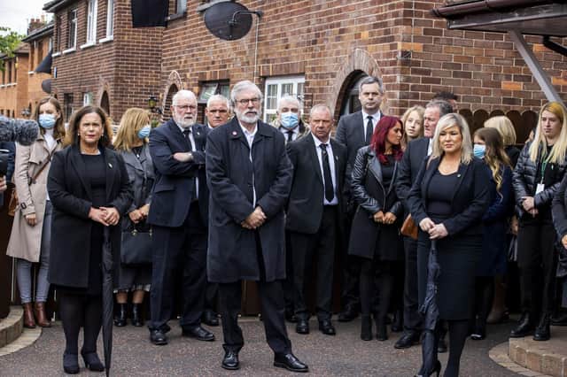 (left to right) Sinn Fein leader Mary Lou McDonald, former Sinn Fein leader Gerry Adams, and Deputy First Minister Michelle O'Neill attending the funeral of senior Irish Republican and former leading IRA figure Bobby Storey