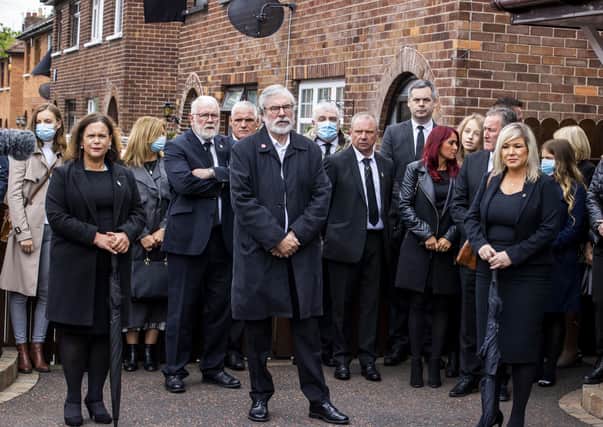 (left to right) Sinn Fein president Mary Lou McDonald, former Sinn Fein president Gerry Adams, and Deputy First Minister Michelle O'Neill along with other senior party members including Conor Murphy at the funeral of the IRA leader Bobby Storey in west Belfast on Tuesday. Photo: Liam McBurney/PA Wire