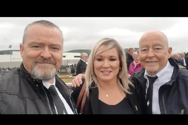 The selfie image of Michelle O'Neill with two others at the funeral of Bobby Storey on Tuesday. (Photo: PA Wire)