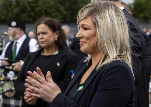 Sinn Fein leader Mary Lou McDonald (left) and Deputy First Minister Michelle O'Neill during the funeral of Bobby Storey on Tuesday