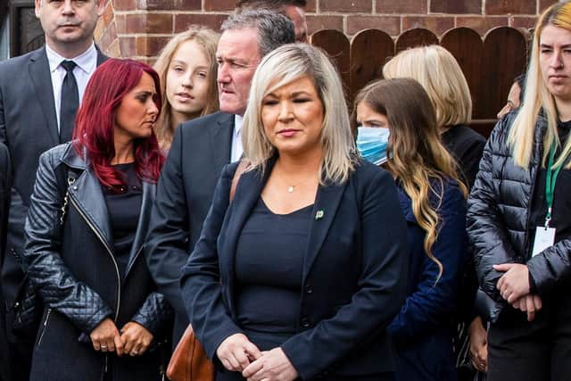 Michelle O'Neill pictured at Bobby Storey's funeral on Tuesday. (Photo: PA Wire)