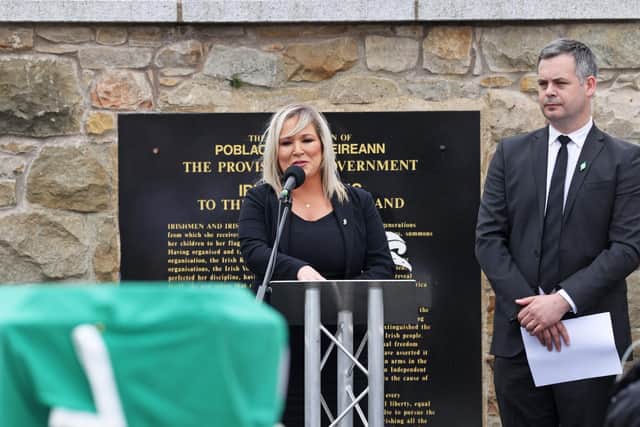 Michelle O'Neill addresses mourners at Bobby Storey's graveside on Tuesday. (Photo: PA Wire)