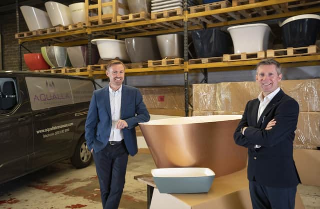 Steven Allaway, Aqualla MD, with Noel Daly, Aqualla Sales Director pictured with Adamsez stone bath and washbasin