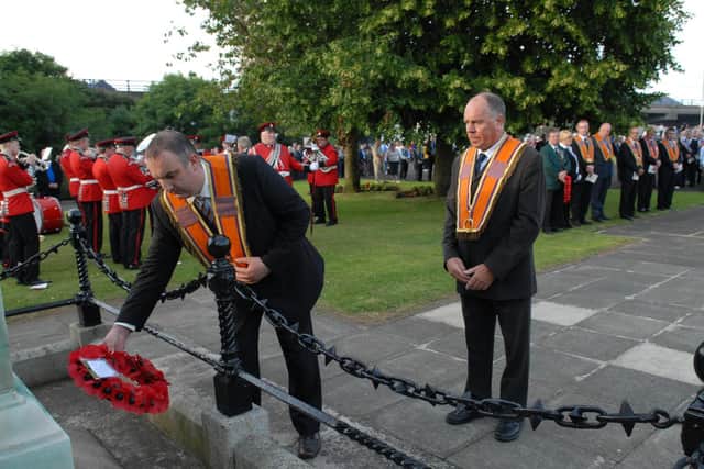 Pictured in 2009 Worshipful District Master LOL No 1 District David Boyd and Deputy District Master Noel Goodman lay a wreath at the Cenotaph during the Battle of the Somme Commemoration Service. Picture: Larne Times archives