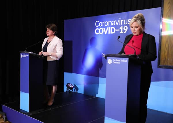 Arlene Foster and Michelle O’Neill at a joint press conference early in lockdown, when the public was told what it was and was not allowed to do