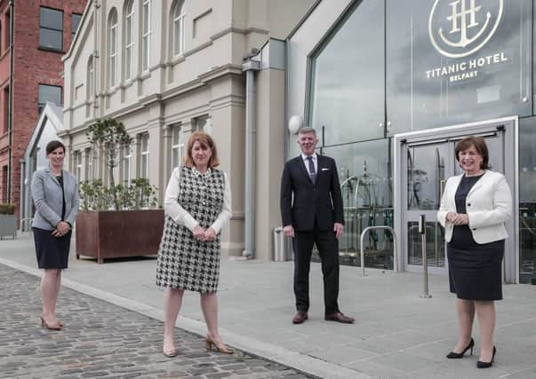 Economy Minister Diane Dodds with (l-r) Yvonne McIlwee, director of sales and marketing at Titanic Hotel, Janice Gault, CEO of NI Hotels Federation and Adrian McNally, general manager, Titanic Hotel.
