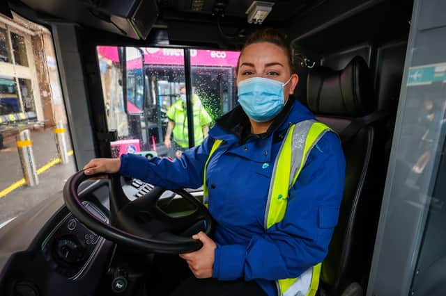 Translink bus driver Catherine McNeill wearing a face covering