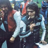 Armoy Armada members Joey Dunlop and Mervyn Robinson in 1977.