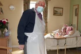 William Barr visiting his wife Jean, a resident in Cregagh Nursing Home, Belfast, for the first time in 12 weeks