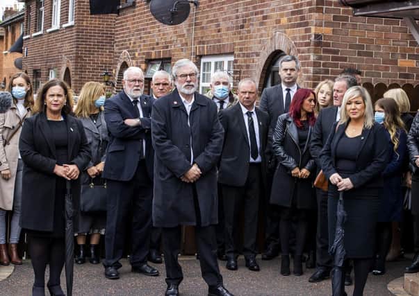 (left to right) Sinn Fein leaders Mary Lou McDonald, Gerry Adams and Michelle O'Neill alongside other senior members of the party and other mourners standing in close proximity at the funeral of the IRA leader Bobby Storey in west Belfast. Tom Ekin writes: "They breach the common sense Covid advice about protecting lives" PA