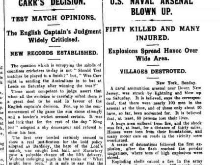 The News Letter reported that a naval ammunition arsenal near Dover in New Jersey had exploded after it was struck by lightning which left widespread devastation and had reportedly destroyed a number of villages in July 1926