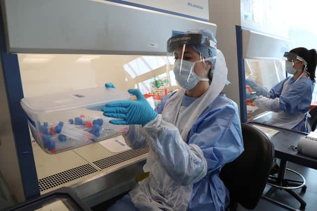 Live samples in test tubes are held in a container during the opening of the new Covid-19 testing lab at Queen Elizabeth University Hospital, Glasgow. PA Photo. Picture date: Wednesday April 22, 2020. See PA story HEALTH Coronavirus Laboratory. Photo credit should read: Andrew Milligan/PA Wire