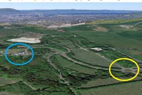 Roselawn cemetery and crematorium; the crematorium is marked in blue and the entrance in yellow. On Tuesday an undertaker said that a grieving family was stopped at the entrance just a couple of hours before the Storey family were permitted to congregate outside the crematorium building