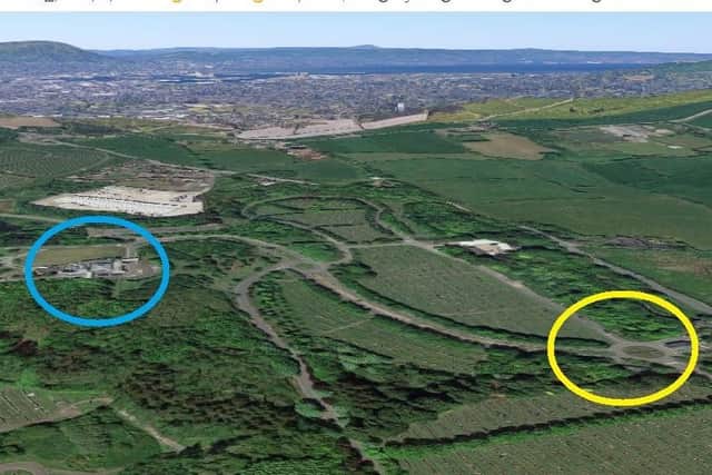 Roselawn cemetery and crematorium; the crematorium is marked in blue and the entrance in yellow. On Tuesday an undertaker said that a grieving family was stopped at the entrance just a couple of hours before the Storey family were permitted to congregate outside the crematorium building