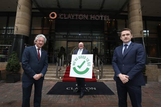 Pictured outside the Clayton Hotel in Belfast (L to R) John McGrillen, CEO of Tourism NI, Jonathan Topping, General Manager of Clayton Hotel Belfast and Des McCann, Group General Manager of Clayton Hotels