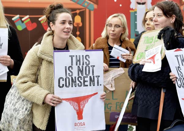 Feminist group ROSA demonstrate at City Hall in Belfast after a  a man was acquitted of the rape of a 17-year-old in Cork. The case prompted a TD to hold up a pair of thongs in the Dail. Photo: Presseye/Stephen Hamilton