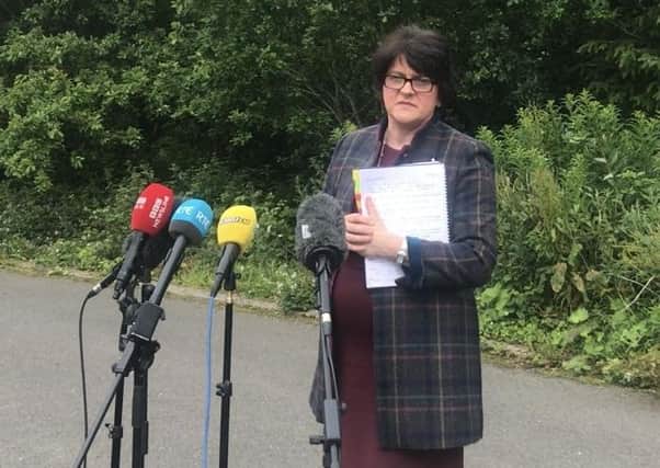 DUP leader Arlene Foster speaks to the media in Fermanagh on Thursday