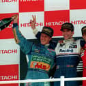 Britain's Damon Hill (center) on the winners Rostrum with second placed Michael Schumacher (left) and Jean Alesi