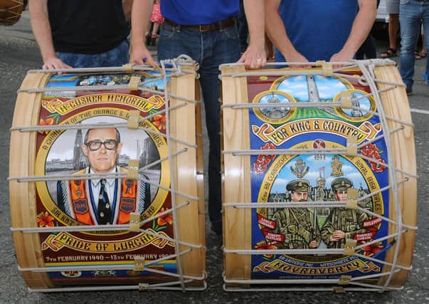 The Lambeg drum (left) is the McCusker Memorial – The Pride of Lurgan in memory of the late Harold McCusker MP, while the drum on the right is in memory of Robert Serplice and Thomas Robert Corkin, two relatives who both died in the Battle of Messines in June 1917