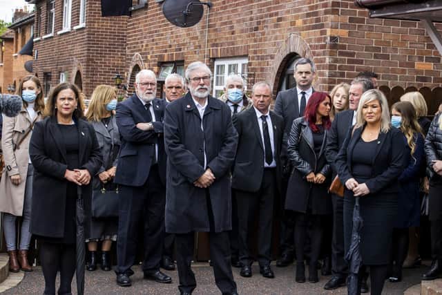 Sinn Fein leader Mary Lou McDonald, left, seen with other prominent members of her party and other mourners, at the funeral of the IRA leader Bobby Storey. John Bruton says: "She said last week that, if she were Taoiseach, she would still have attended it"