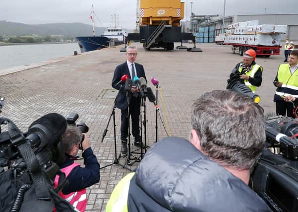 Government minister and prominent Brexiteer Michael Gove at Warrenpoint port last year; he has promised there ‘will be no border down the Irish Sea’