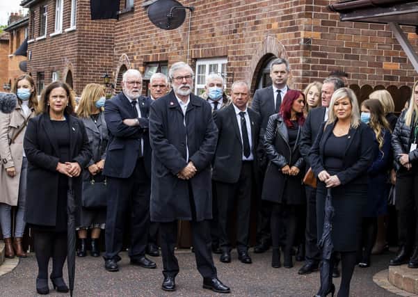 (left to right) Sinn Fein leaders Mary Lou McDonald, Gerry Adams, and Michelle O'Neill, alongside other prominent members of the party at the funeral of Bobby Storey. Jim Allister says: "Sinn Fein audaciously set itself above the law in the Bobby Storey saga" Photo: Liam McBurney/PA Wire