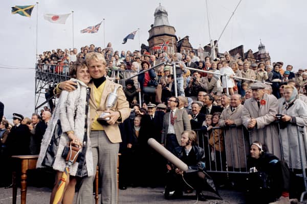 Golfer Jack Nicklaus and his wife Barbara in 1970 with the trophy he won at the Open Championship. Pic by PA.