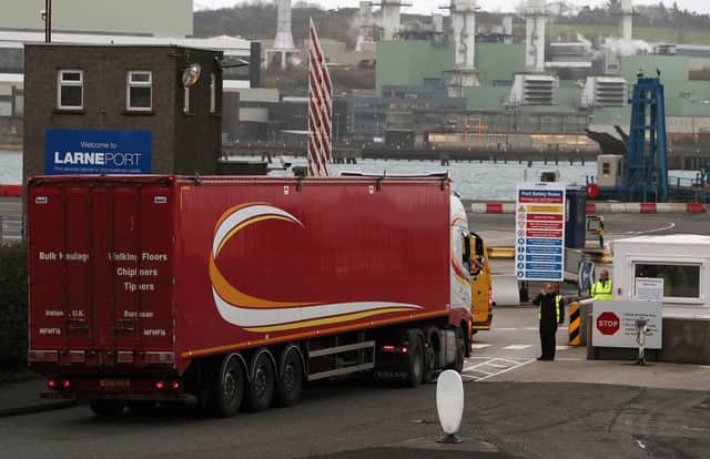 Heavy goods vehicles arriving at Larne port