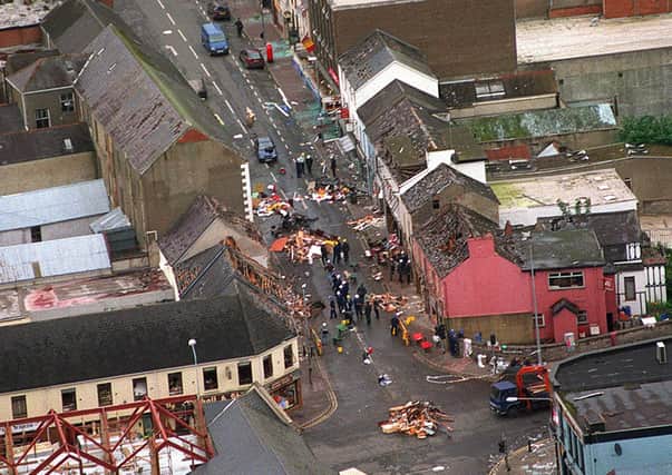 MoD image showing the aerial view of the devastation wreaked by the Omagh bomb in 1998
