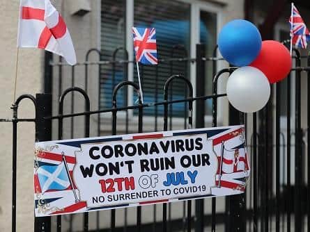 A sign and decorations on Shankill Road, Belfast, for social distanced Twelfth of July celebrations despite advice to remain at home due to the coronavirus outbreak. The Twelfth is being celebrated on 13 July as 12 July this year falls on a Sunday.