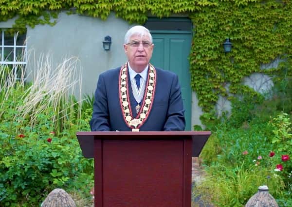 Rev William Anderson delivering a speech which was broadcast online yesterday as part of the Royal Black Institution’s Scarva package