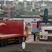 Vehicles arrive at Larne Port in Northern Ireland. Photo credit should read: Brian Lawless/PA Wire