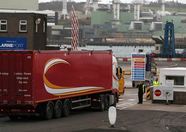 Vehicles arrive at Larne Port in Northern Ireland. Photo credit should read: Brian Lawless/PA Wire
