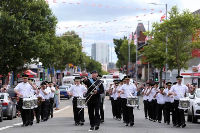 PACEMAKER, BELFAST, 13/7/2020: Members of the Shankill Road Defenders band parade on the Shankill road, Belfast today